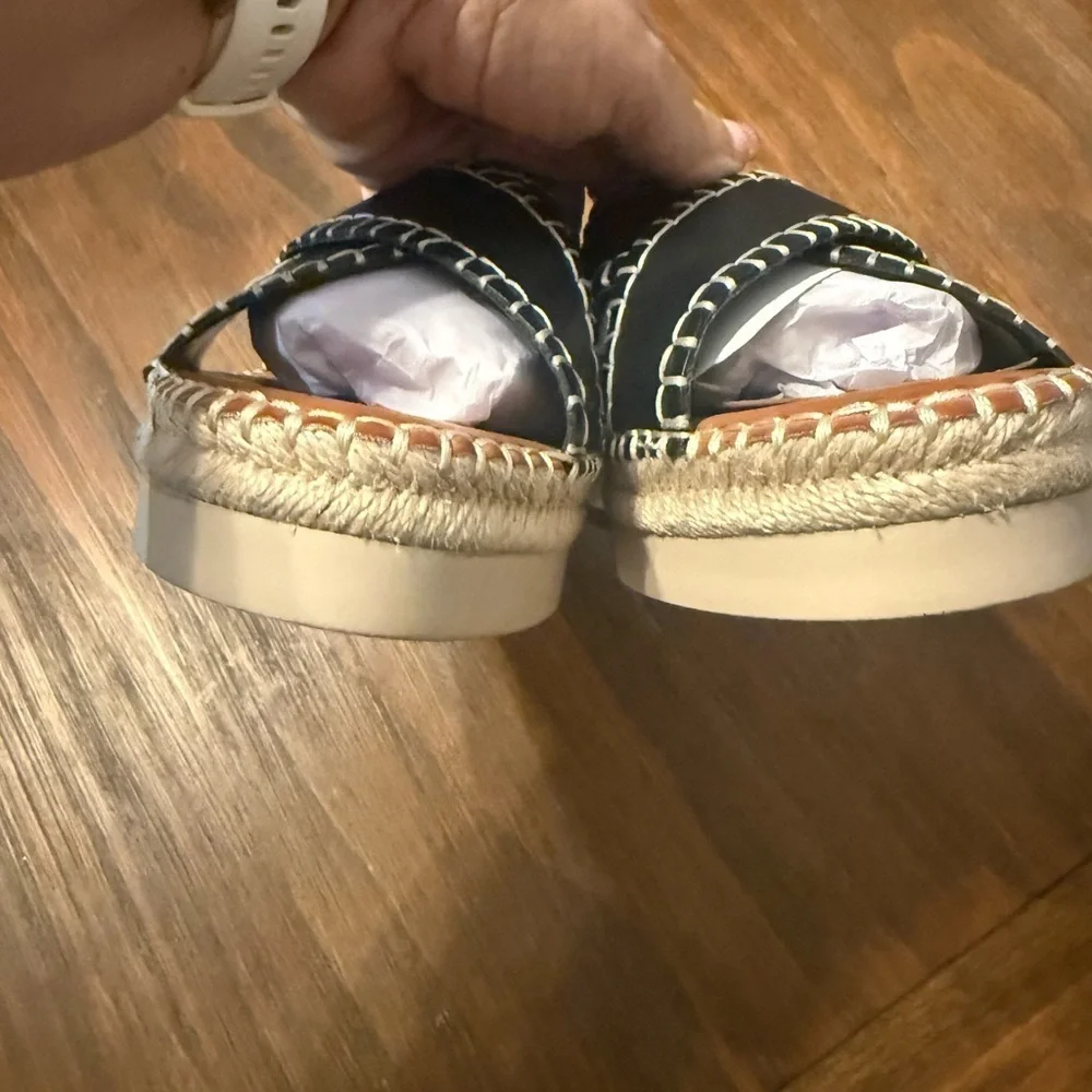 NEW Vince Camuto Black Leather Espadrille Slide Cross Band Sandals 9.5 9 1/2